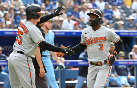 May 21, 2023; Toronto, Ontario, CAN;  Baltimore Orioles shortstop Jorge Mateo (3) is greeted by Adley Rutschman after scoring a run