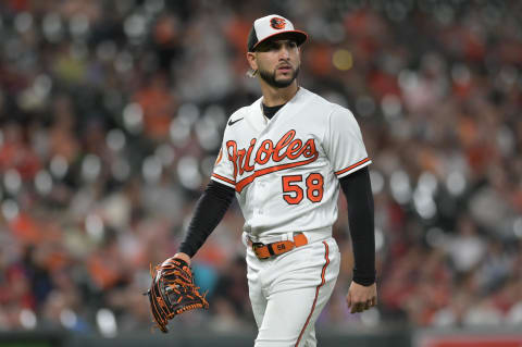 May 16, 2023; Baltimore, Maryland, USA;  Baltimore Orioles relief pitcher Cionel Perez (58) walks off the mound after pitching against the Angels