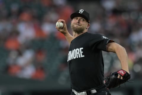 May 26, 2023; Baltimore, Maryland, USA;  Baltimore Orioles relief pitcher Austin Voth (51) throws a pitch against the Texas Rangers in May of 2023