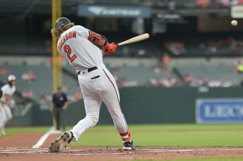 May 30, 2023; Baltimore, Maryland, USA;  Baltimore Orioles third baseman Gunnar Henderson (2) hits a ball against the Cleveland Guardians at home