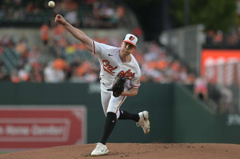 Jun 14, 2023; Baltimore, Maryland, USA;  Baltimore Orioles starting pitcher Kyle Bradish (39) throws a pitch against the Toronto Blue Jays