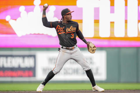 Jul 7, 2023; Minneapolis, Minnesota, USA; Baltimore Orioles shortstop Jorge Mateo (3) throws to first base in a game against the Twins