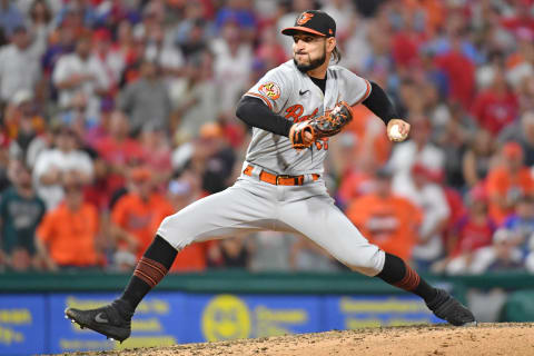 Jul 24, 2023; Philadelphia, Pennsylvania, USA; Baltimore Orioles relief pitcher Cionel Perez (58) delivers a pitch against the Philadelphia Phillies