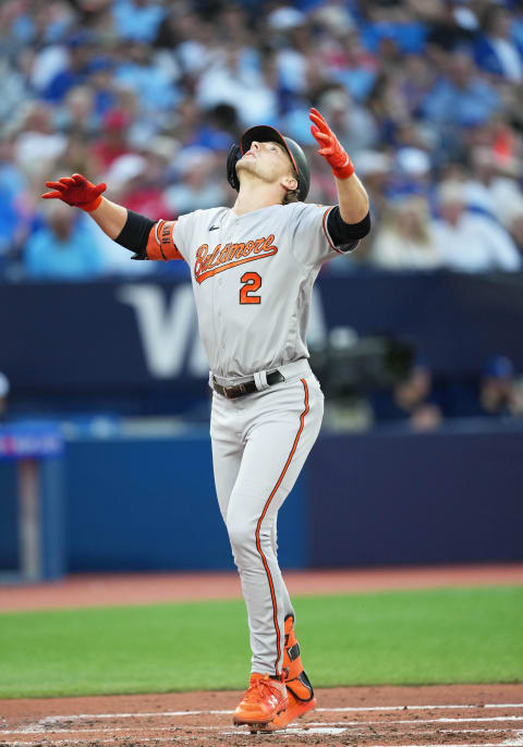 Jul 31, 2023; Toronto, Ontario, CAN; Baltimore Orioles third baseman Gunnar Henderson (2) celebrates