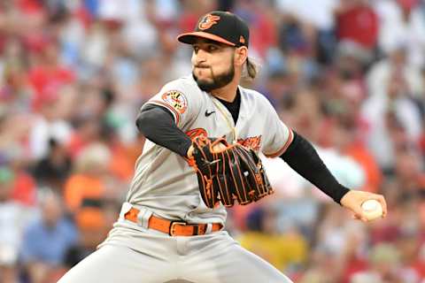 Jul 26, 2023; Philadelphia, Pennsylvania, USA; Baltimore Orioles relief pitcher Cionel Perez (58) delivers a pitch against the Philadelphia Phillies