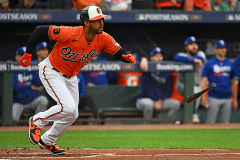 Oct 8, 2023; Baltimore, Maryland, USA; Baltimore Orioles center fielder Aaron Hicks (34) drives in two runs in the ALDS