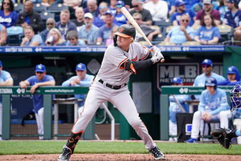 May 4, 2023; Kansas City, Missouri, USA; Baltimore Orioles left fielder Kyle Stowers (28) at bat against the Kansas City Royals