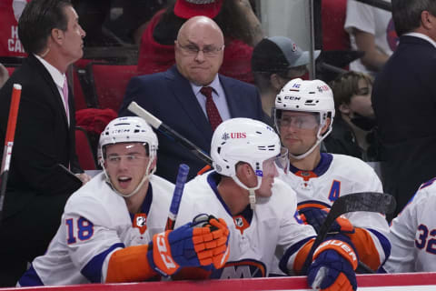 Oct 14, 2021; Raleigh, North Carolina, USA;  New York Islanders head coach Barry Trotz looks on