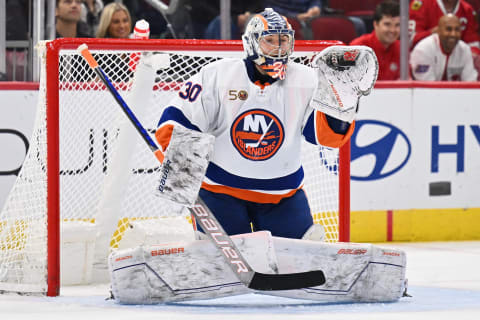 Nov 1, 2022; Chicago, Illinois, USA;  New York Islanders goaltender Ilya Sorokin (30) catches a shot