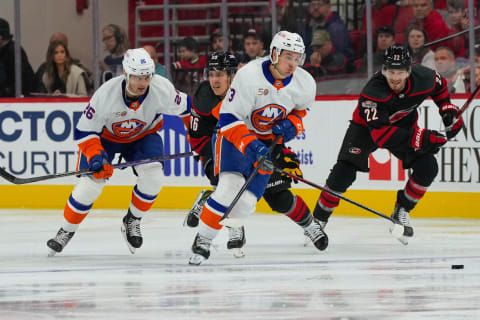 Oct 28, 2022; Raleigh, North Carolina, USA;  New York Islanders center Mathew Barzal (13) right wing