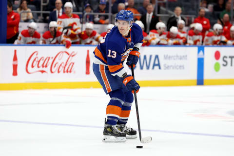 Nov 7, 2022; Elmont, New York, USA; New York Islanders center Mathew Barzal (13) controls the puck