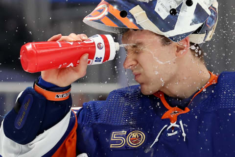 Nov 7, 2022; Elmont, New York, USA; New York Islanders goaltender Ilya Sorokin (30) sprays water on