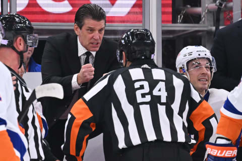 Nov 1, 2022; Chicago, Illinois, USA;  New York Islanders head coach Lane Lambert talks with referee