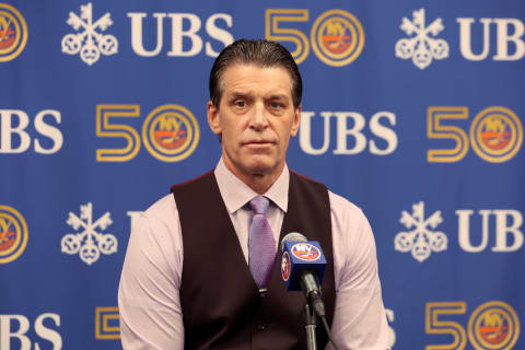 Oct 29, 2022; Elmont, New York, USA; New York Islanders head coach Lane Lambert speaks to the media