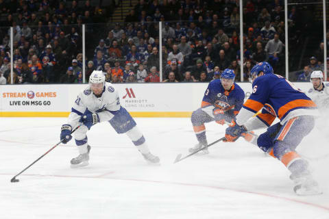 Feb 1, 2019; Uniondale, NY, USA; Tampa Bay Lightning center Brayden Point (21) skates with the puck