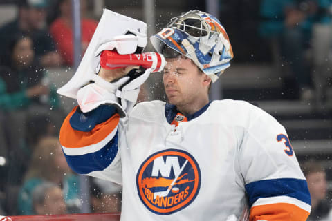Mar 7, 2024; San Jose, California, USA; New York Islanders goaltender Ilya Sorokin (30) sprays water