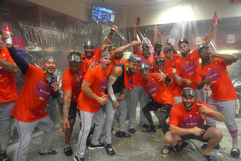 Oct 1, 2023; Phoenix, Arizona, USA; Houston Astros players celebrate after clinching the American