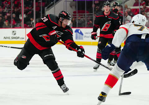 Feb 22, 2024; Raleigh, North Carolina, USA; Carolina Hurricanes center Sebastian Aho (20) takes a