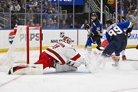 Apr 12, 2024; St. Louis, Missouri, USA;  Carolina Hurricanes goaltender Frederik Andersen (31)