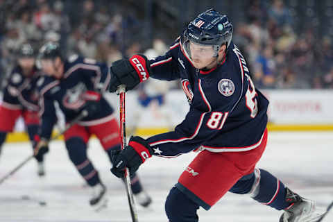 Apr 14, 2023; Columbus, Ohio, USA; Columbus Blue Jackets defenseman Stanislav Svozil (81) skates in