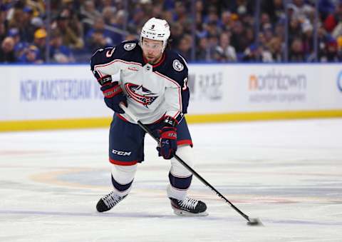 Dec 30, 2023; Buffalo, New York, USA;  Columbus Blue Jackets defenseman Ivan Provorov (9) looks to