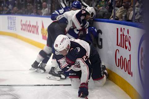 Dec 14, 2023; Toronto, Ontario, CAN; Columbus Blue Jackets forward Patrik Laine (29) grabs his