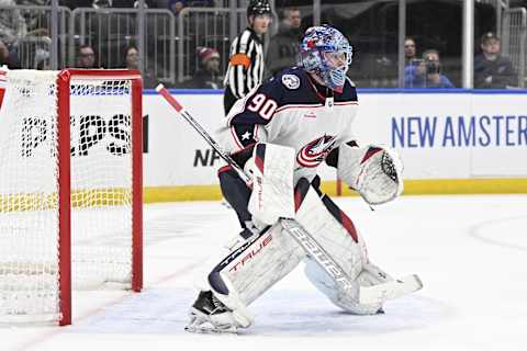 Jan 30, 2024; St. Louis, Missouri, USA; Columbus Blue Jackets goaltender Elvis Merzlikins (90)