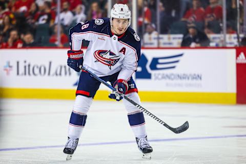 Jan 25, 2024; Calgary, Alberta, CAN; Columbus Blue Jackets defenseman Zach Werenski (8) against the