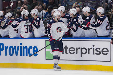 Jan 27, 2024; Vancouver, British Columbia, CAN; Columbus Blue Jackets forward Kirill Marchenko (86)