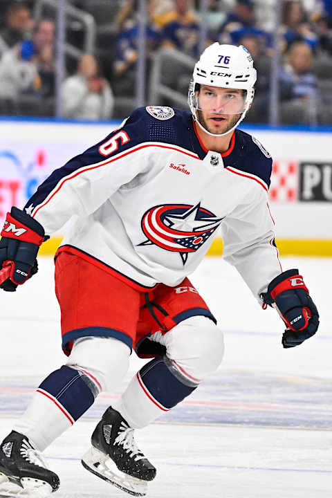 Sep 29, 2022; St. Louis, Missouri, USA; Columbus Blue Jackets forward Owen Sillinger (76)  in action against the St. Louis Blues during the first period at Enterprise Center. Mandatory Credit: Jeff Curry-USA TODAY Sports