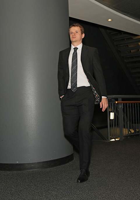 Mar 6, 2024; Toronto, Ontario, CAN; Toronto Maple Leafs center David Kampf (64) arrives at the Scotiabank Arena before a game against the Buffalo Sabres. Mandatory Credit: Nick Turchiaro-Imagn Images