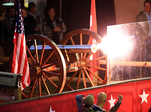 Jan 25, 2015; Columbus, OH, USA; The Columbus Blue Jackets goal cannon is fired after a goal by Team Foligno in the second period in the 2015 NHL All Star Game at Nationwide Arena. Mandatory Credit: Andrew Weber-Imagn Images