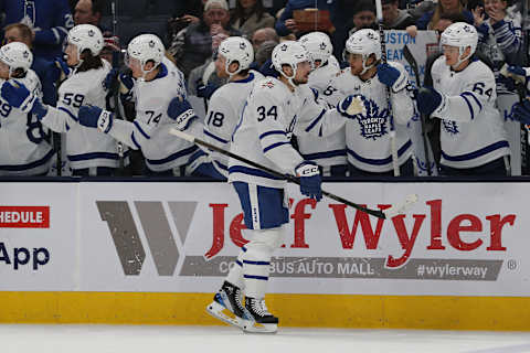 Dec 23, 2023; Columbus, Ohio, USA; Toronto Maple Leafs center Auston Matthews (34) celebrates his