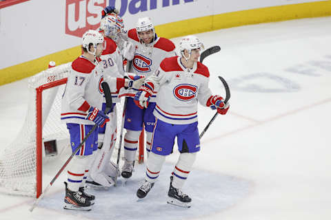 Dec 22, 2023; Chicago, Illinois, USA; Montreal Canadiens goaltender Cayden Primeau (30) celebrates