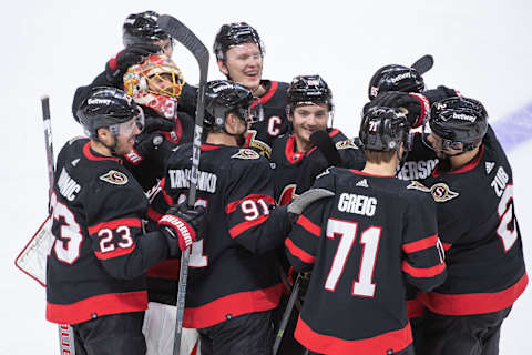 Dec 23, 2023; Ottawa, Ontario, CAN; The Ottawa Senators celebrate their win in overtime against the