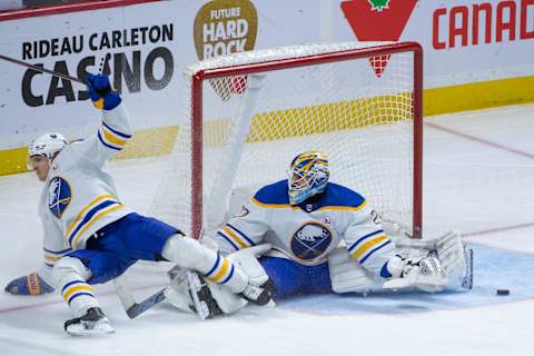 Dec 31 2023; Ottawa, Ontario, CAN; Buffalo Sabres goalie Devon Levi (27) loses sight of the puck