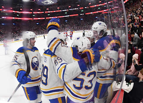 Jan 4, 2024; Montreal, Quebec, CAN; Buffalo Sabres forward Tage Thompson (72) celebrates with