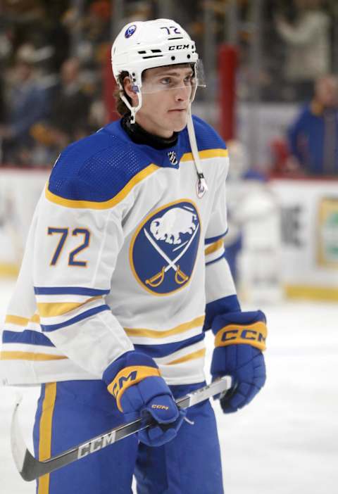 Jan 6, 2024; Pittsburgh, Pennsylvania, USA;  Buffalo Sabres right wing Tage Thompson (72) warms up