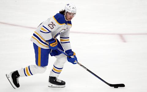 Jan 6, 2024; Pittsburgh, Pennsylvania, USA;  Buffalo Sabres defenseman Owen Power (25) warms up