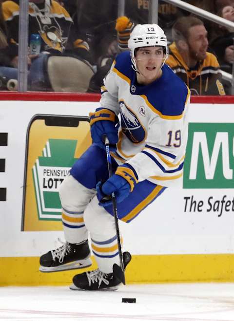 Jan 6, 2024; Pittsburgh, Pennsylvania, USA;  Buffalo Sabres center Peyton Krebs (19) skates with the