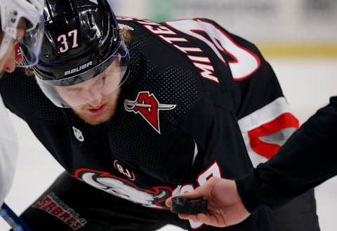 Jan 11, 2024; Buffalo, New York, USA;  Buffalo Sabres center Casey Mittelstadt (37) waits for the