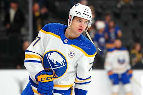 Dec 15, 2023; Las Vegas, Nevada, USA; Buffalo Sabres right wing JJ Peterka (77) warms up before a