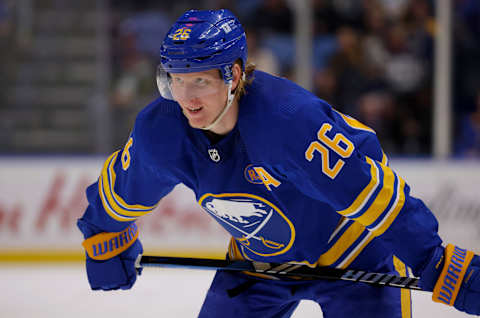 Jan 13, 2024; Buffalo, New York, USA;  Buffalo Sabres defenseman Rasmus Dahlin (26) waits for the