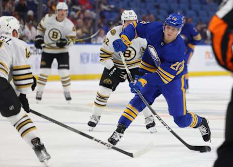 Sep 26, 2023; Buffalo, New York, USA;  Buffalo Sabres center Jiri Kulich (20) takes a shot on goal