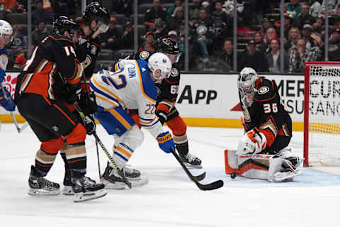 Jan 23, 2024; Anaheim, California, USA; Buffalo Sabres right wing Jack Quinn (22) shoots the puck