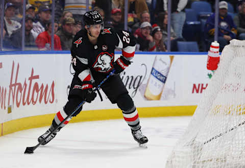 Dec 19, 2023; Buffalo, New York, USA;  Buffalo Sabres center Dylan Cozens (24) looks to make a pass