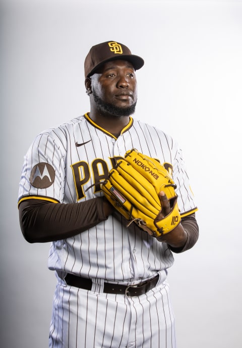 Feb 23, 2023; Peoria, AZ, USA; San Diego Padres pitcher Domingo Tapia poses for a portrait during