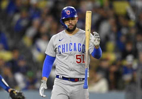 Apr 14, 2023; Los Angeles, California, USA;  Chicago Cubs first baseman Eric Hosmer (51) flips his