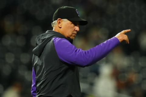 Apr 28, 2023; Denver, Colorado, USA; Colorado Rockies manager Bud Black (10) calls to the bullpen in