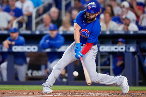 Apr 30, 2023; Miami, Florida, USA; Chicago Cubs first baseman Eric Hosmer (51) hits a single against